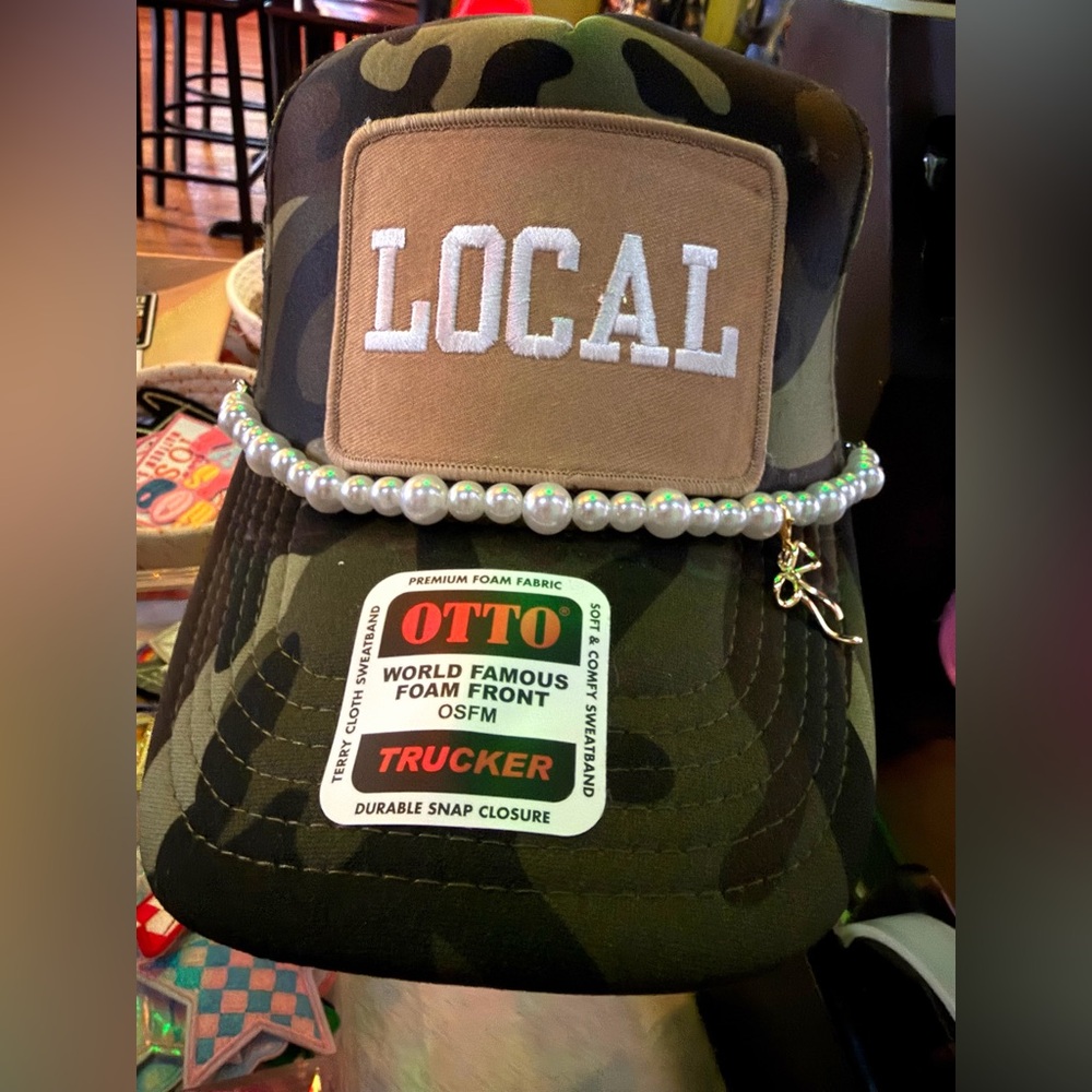 OTTO Camouflage Trucker Hat with LOCAL Patch, Faux Pearl Hat Chain & Bow  Charm